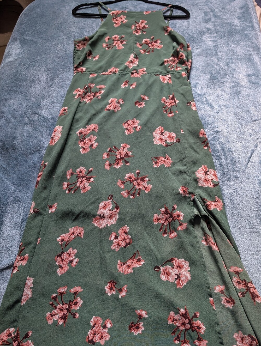 Green Floral Halter Maxi Dress with Pink Blooms